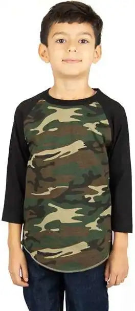 Shaka Wear Shragcy Youth Three-quarter Sleeve Camo Raglan T-shirt - Green/ Black