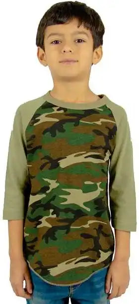 Shaka Wear Shragcy Youth Three-quarter Sleeve Camo Raglan T-shirt - Green/ Olive