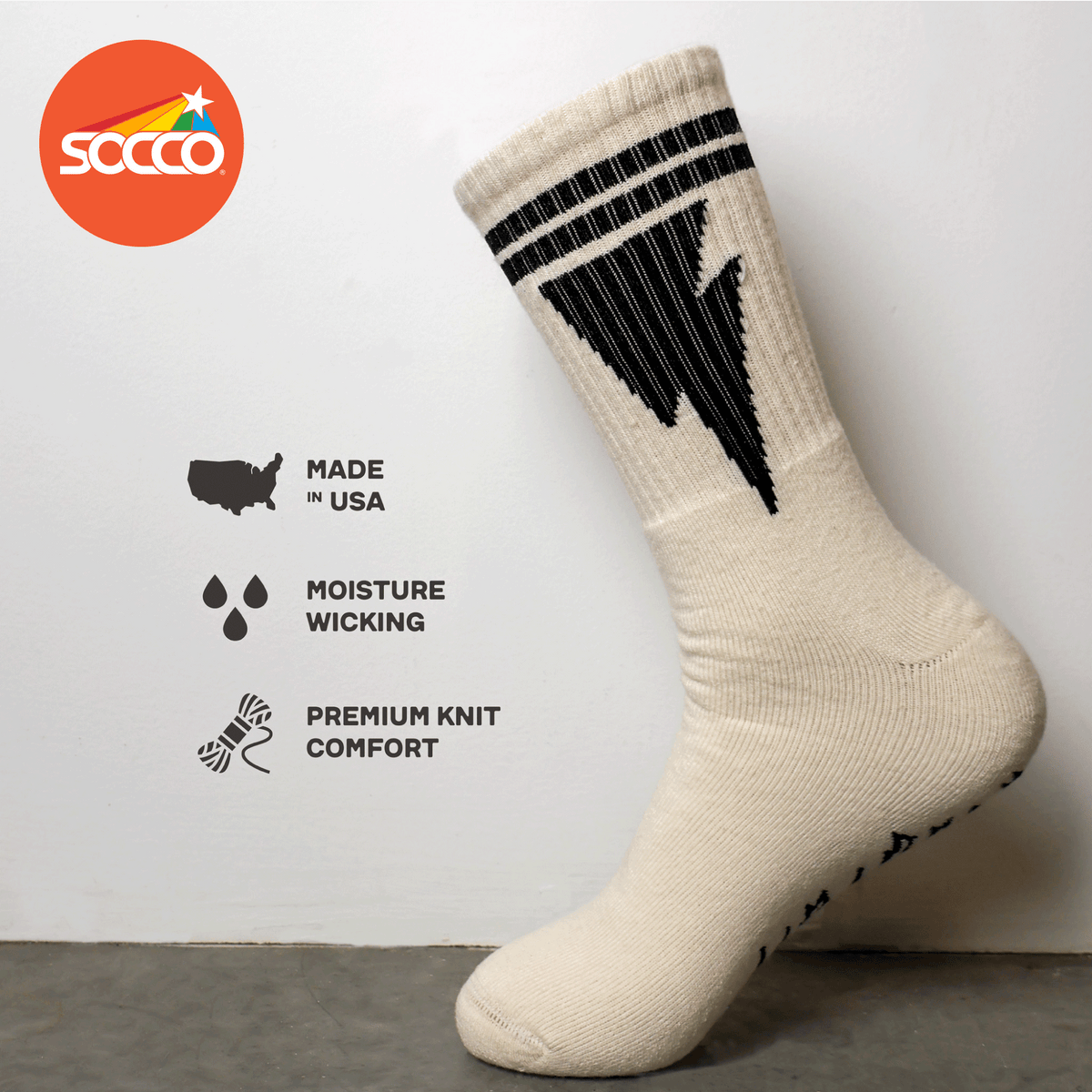 Socco Naturals - Mike Vallely Lightning Bolt Socks - Black Stripes - Natural / Crew / Osfm