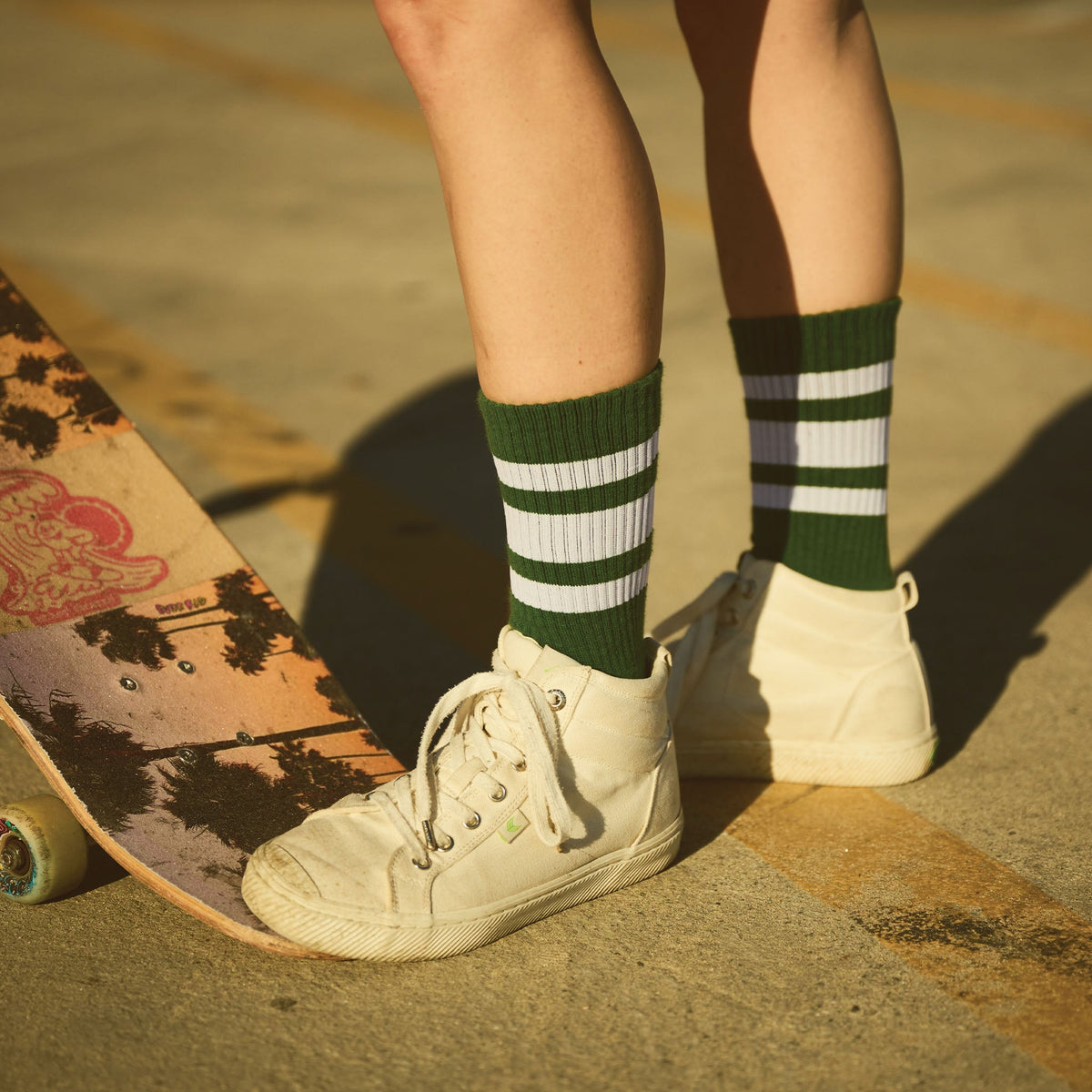 Socco White Striped Socks - Forest Green - Crew / L/xl