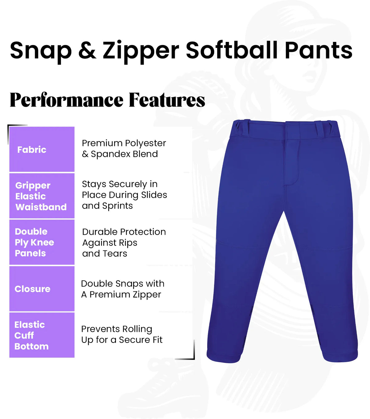 Softball Pants for Women with Snap and Zipper Elastic Bottom And mesh panels (navy)
