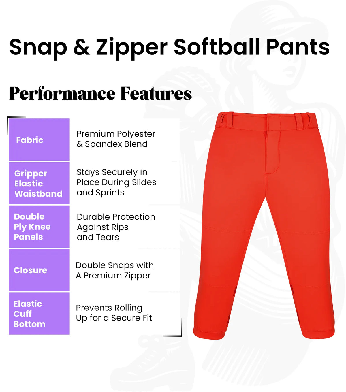 Softball Pants for Women with Snap and Zipper Elastic Bottom And mesh panels (red)