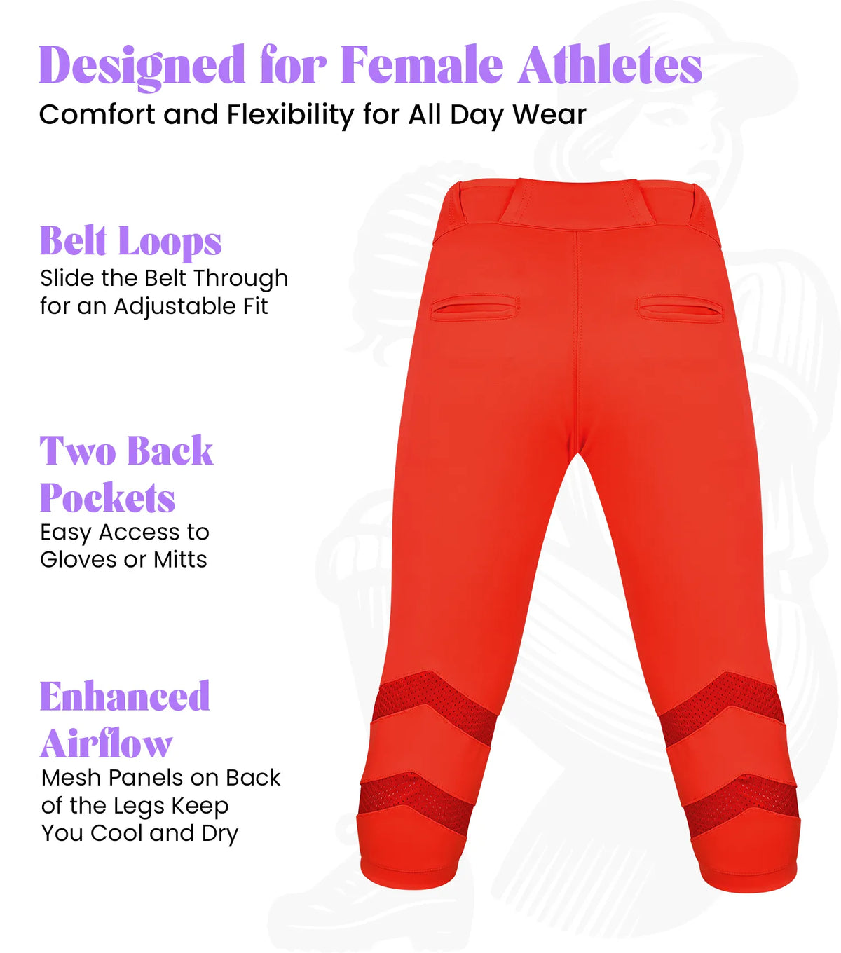 Softball Pants for Women with Snap and Zipper Elastic Bottom And mesh panels (red)