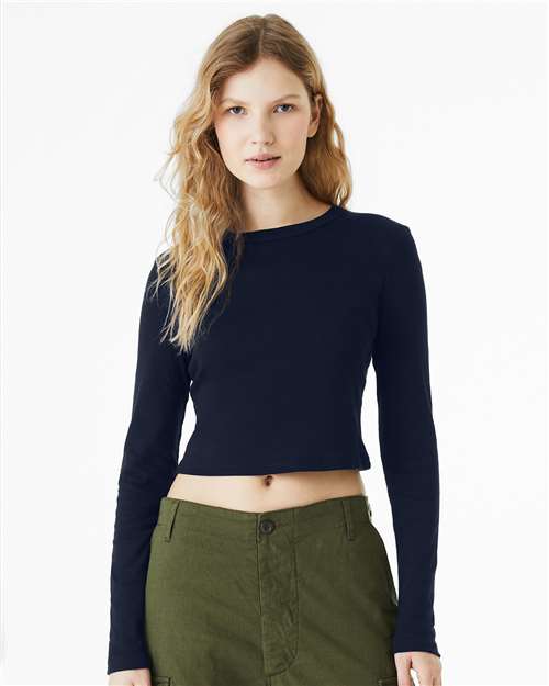 Solid Navy Blend Women's Micro Rib Long Sleeve Baby Tee - 1501