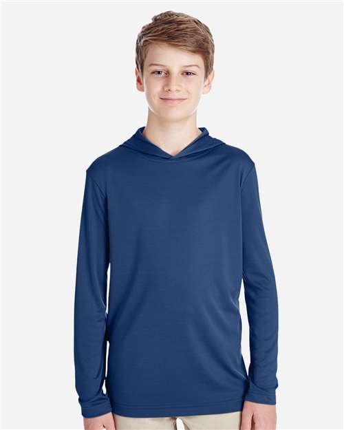 Front View of Sport Dark Navy Youth Zone Performance Hooded T-Shirt - TT41Y