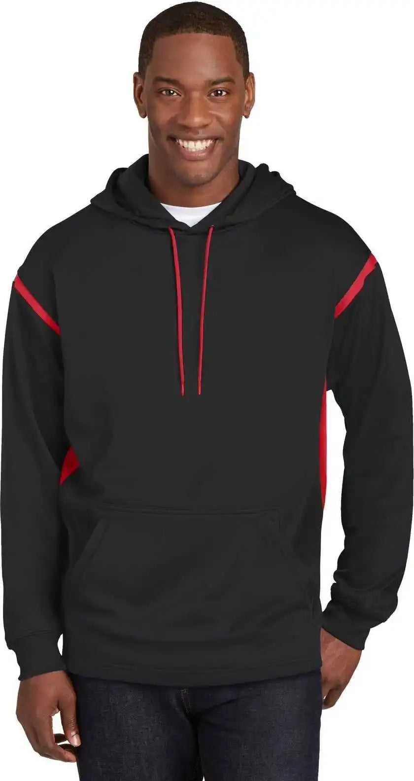 Sport Tek F246 Tech Fleece Colorblock Hooded Sweatshirt Black True Red