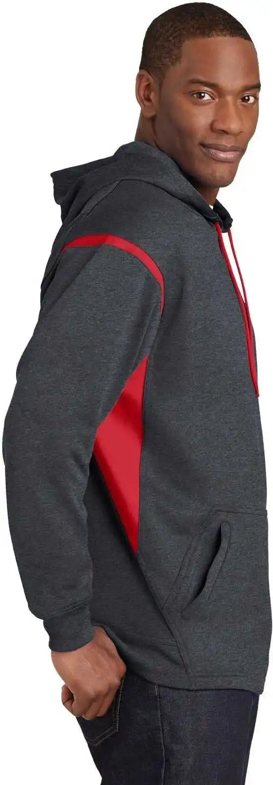 Sport Tek F246 Tech Fleece Colorblock Hooded Sweatshirt Graphite Heather True Red