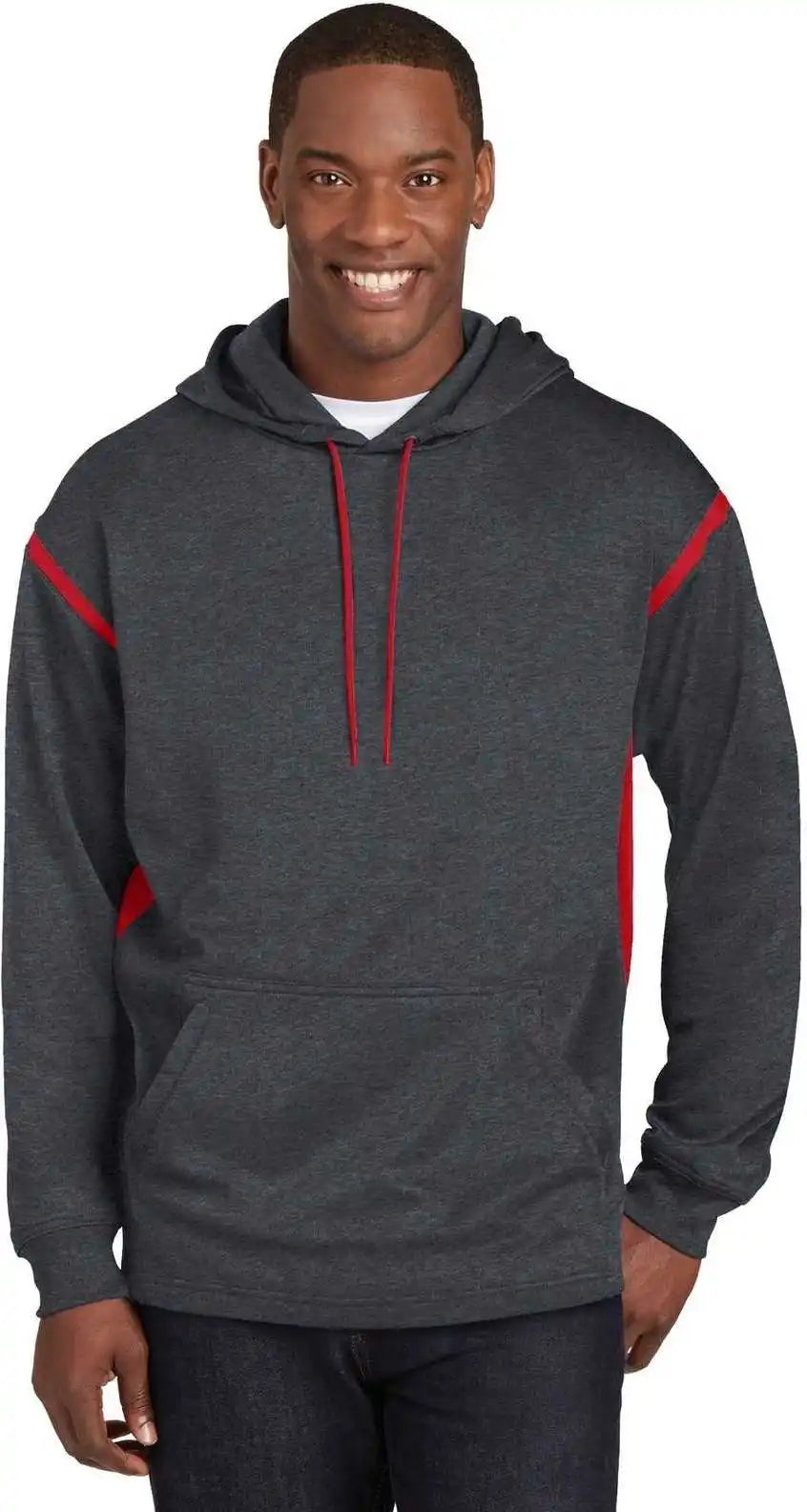 Sport Tek F246 Tech Fleece Colorblock Hooded Sweatshirt Graphite Heather True Red