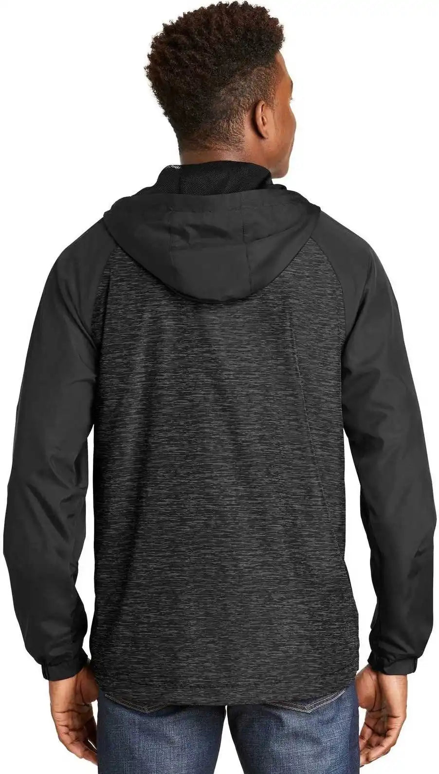 Sport-tek Jst40 Heather Colorblock Raglan Hooded Wind Jacket - Black