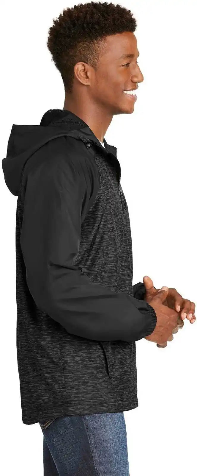 Sport-tek Jst40 Heather Colorblock Raglan Hooded Wind Jacket - Black