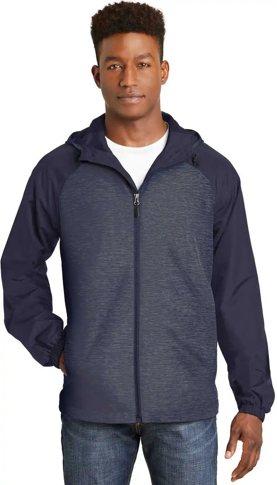 Sport-tek Jst40 Heather Colorblock Raglan Hooded Wind Jacket - True Navy