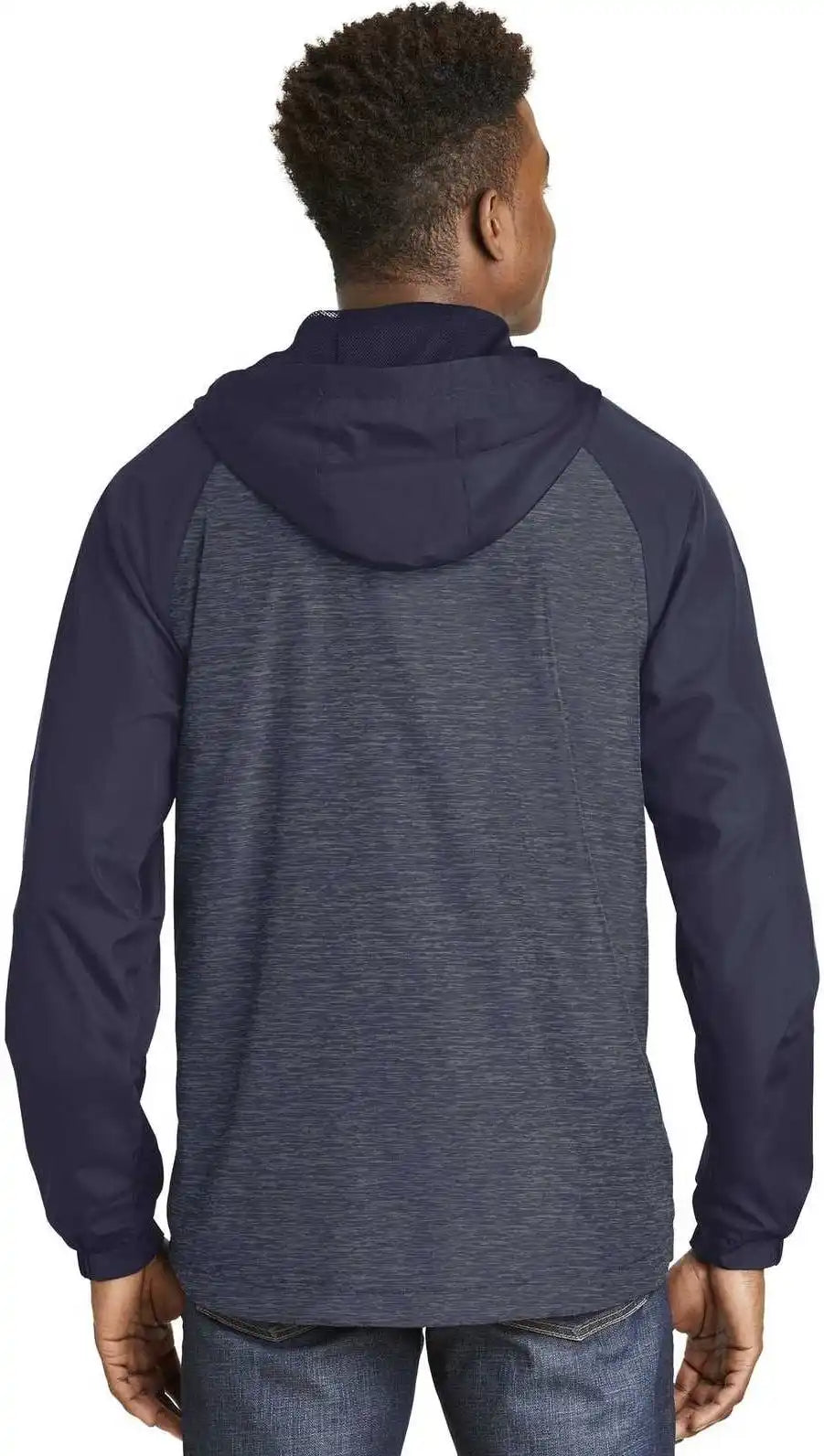 Sport-tek Jst40 Heather Colorblock Raglan Hooded Wind Jacket - True Navy