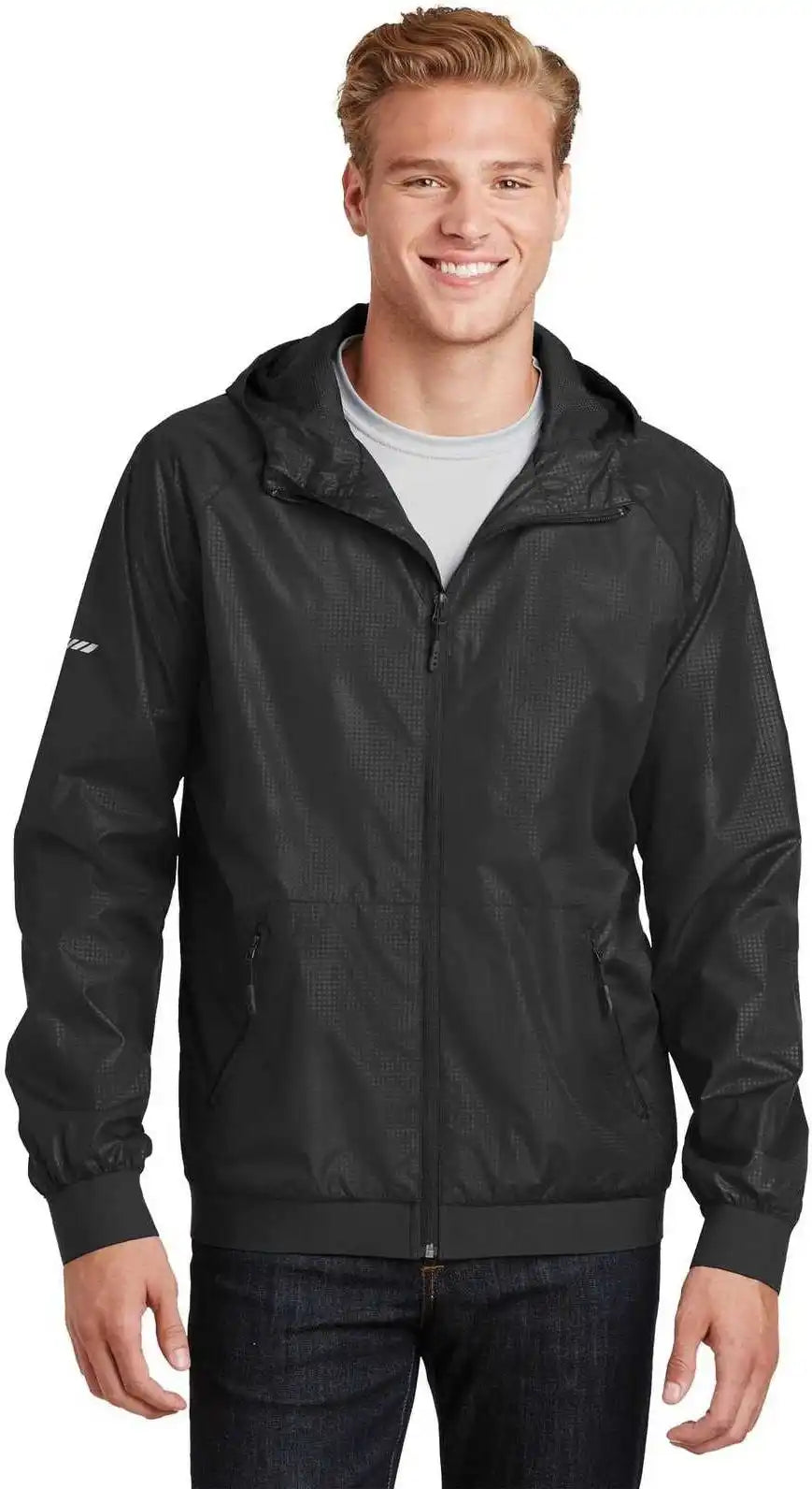 Sport-tek Jst53 Embossed Hooded Wind Jacket - Black