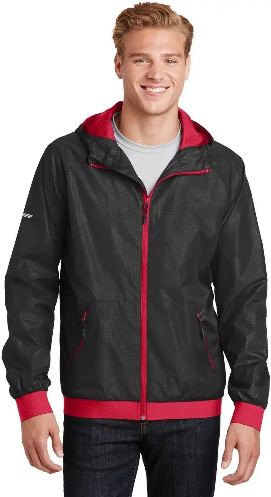 Sport-tek Jst53 Embossed Hooded Wind Jacket - Black True Red