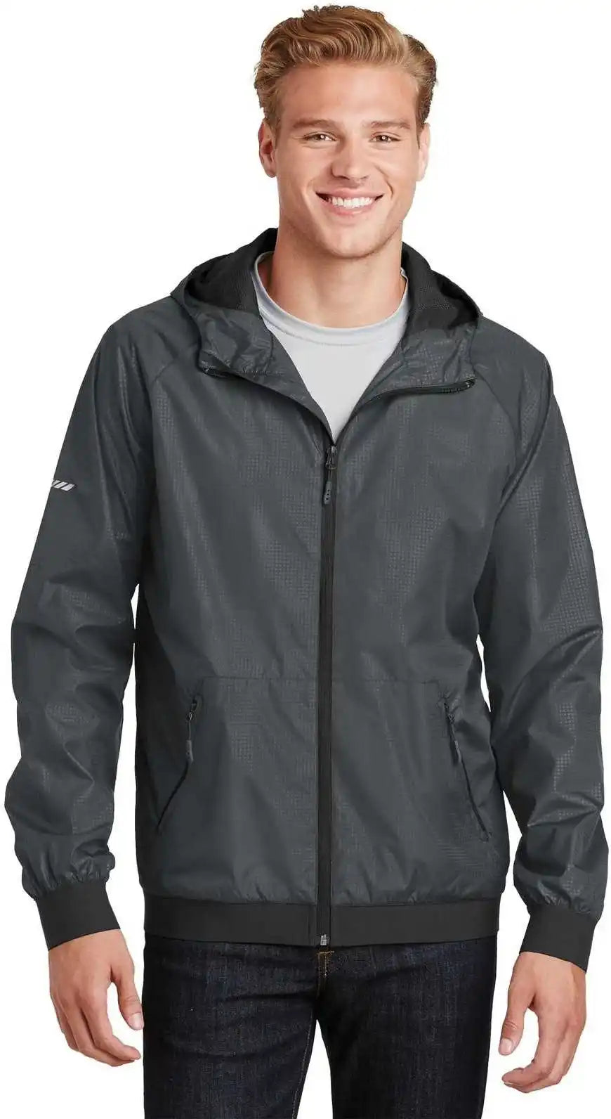 Sport-tek Jst53 Embossed Hooded Wind Jacket - Graphite Black