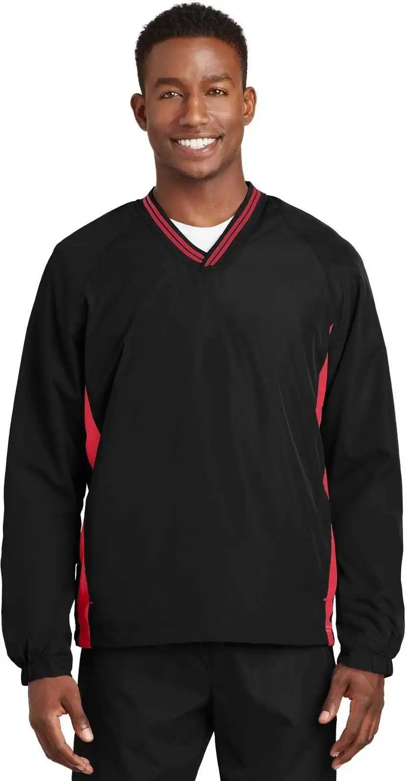 Sport Tek Jst62 Tipped v Neck Raglan Wind Shirt Black True Red