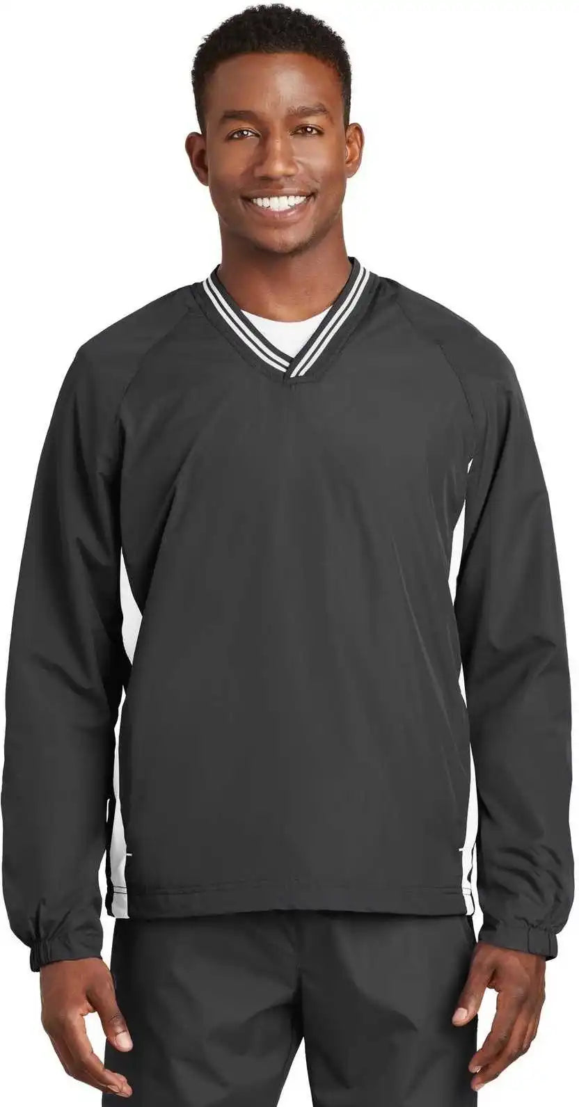Sport Tek Jst62 Tipped v Neck Raglan Wind Shirt Graphite White