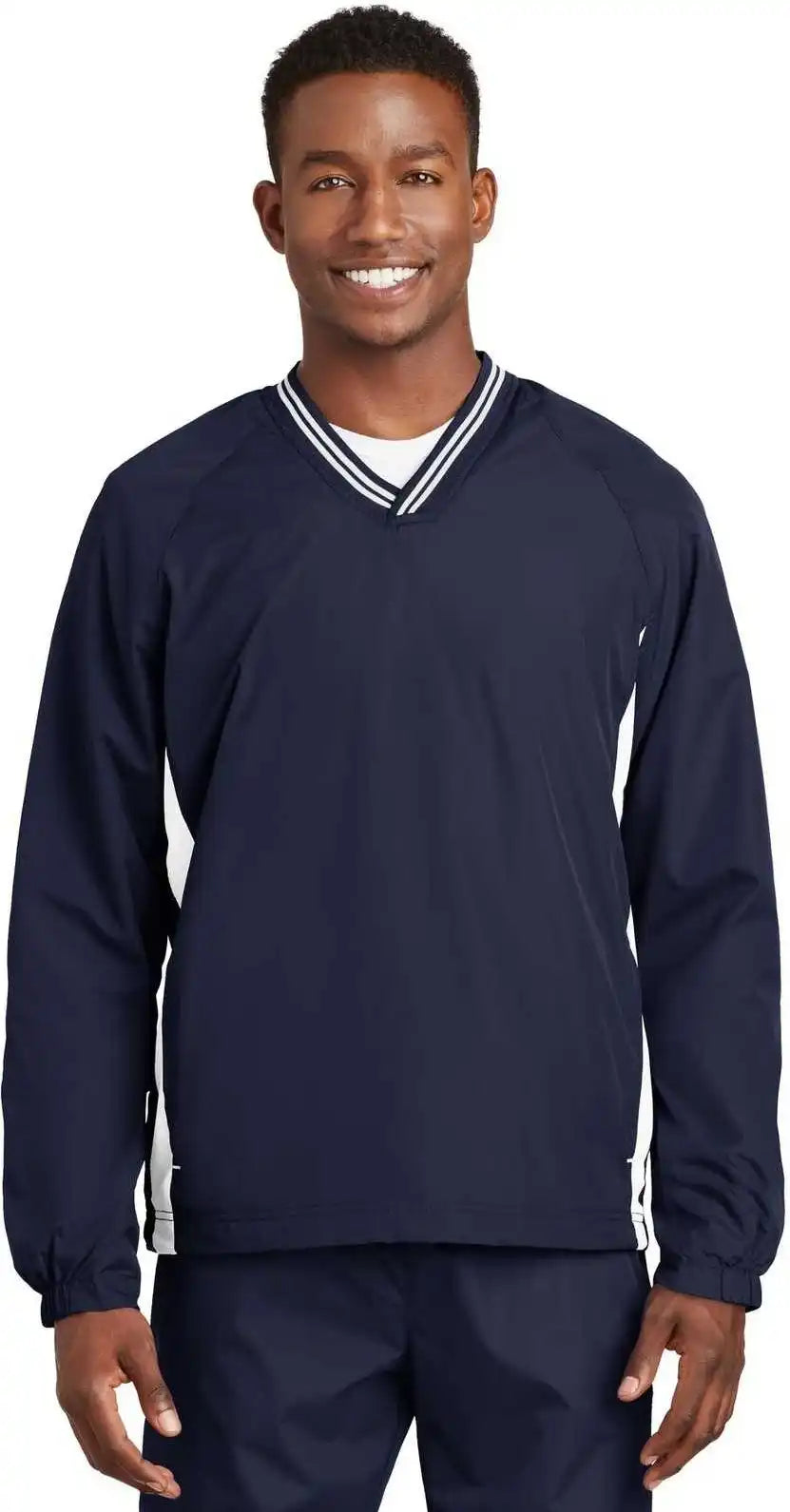 Sport Tek Jst62 Tipped v Neck Raglan Wind Shirt True Navy White