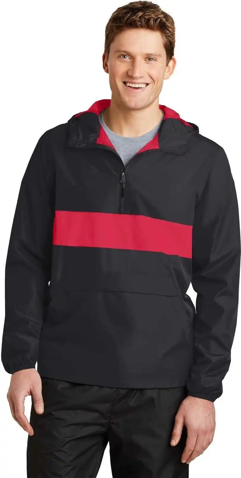 Sport-tek Jst65 Zipped Pocket Anorak - Black True Red
