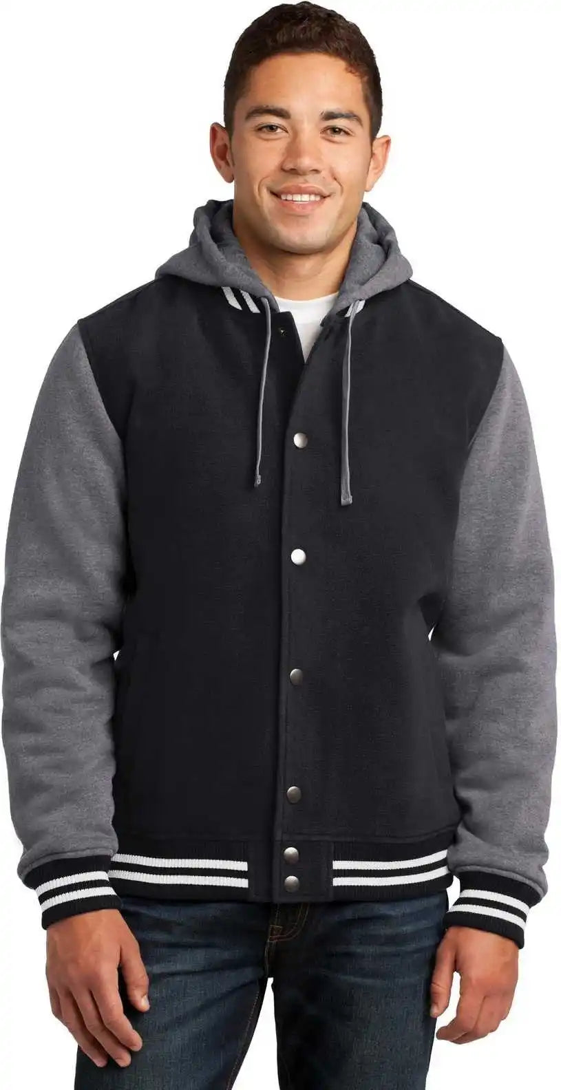 Sport Tek Jst82 Insulated Letterman Jacket Black Vintage Heather