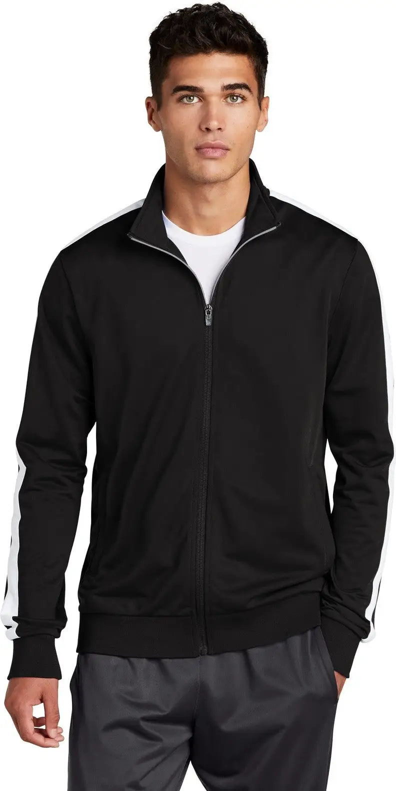 Sport-tek Jst94 Tricot Sleeve Stripe Track Jacket - Black White