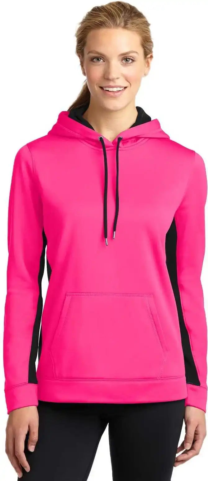 Sport-tek Lst235 Ladies Sport-wick Fleece Colorblock Hooded Pullover - Neon Pink Black