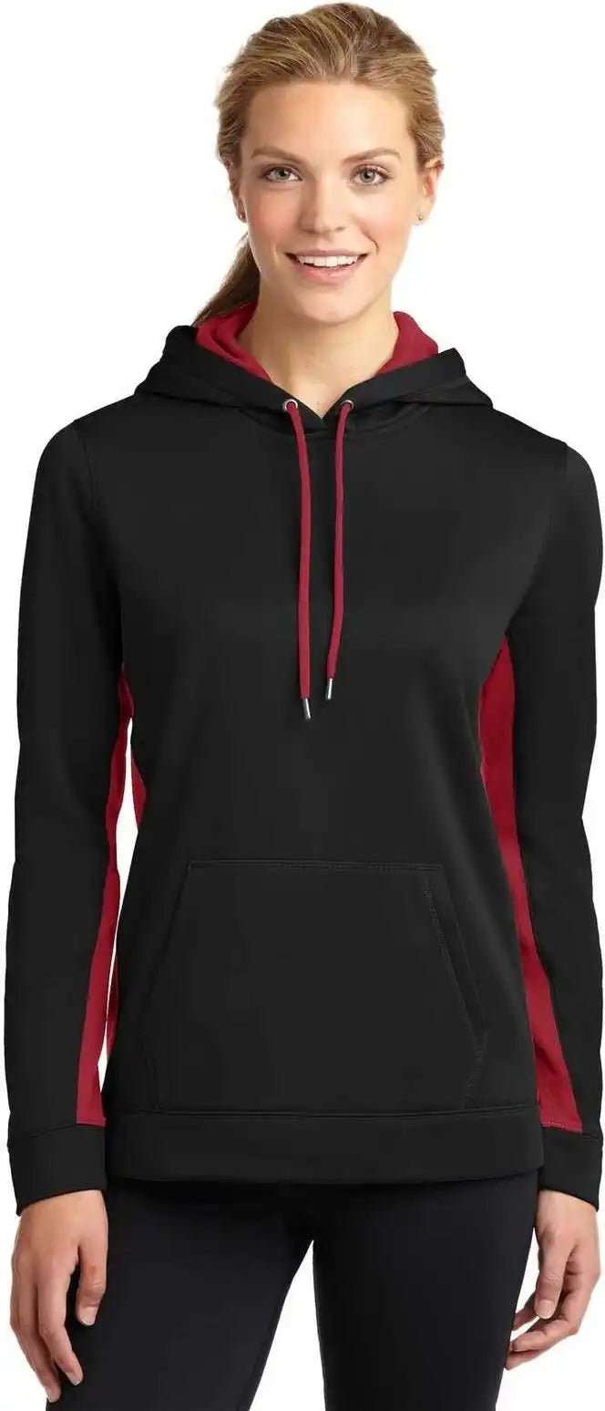 Sport-tek Lst235 Ladies Sport-wick Fleece Colorblock Hooded Pullover - Black Deep Red