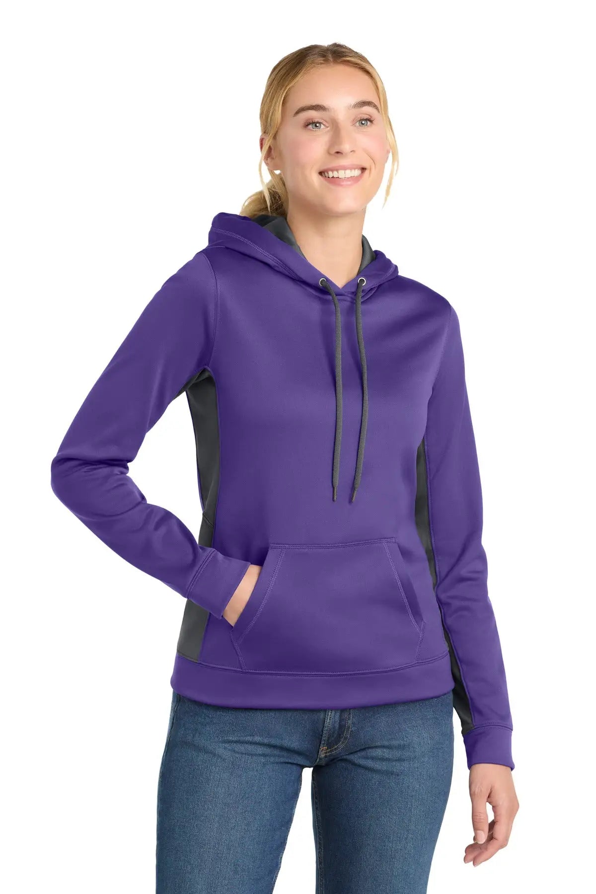 Sport-tek Lst235 Women’s Sport-wick Fleece Colorblock Hooded Pullover - Purple Dark Smoke Gray - Purple/ / Ladies Xs