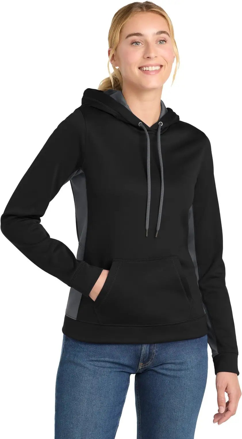 Sport-tek Lst235 Women’s Sport-wick Fleece Colorblock Hooded Pullover - Black Dark Smoke Gray