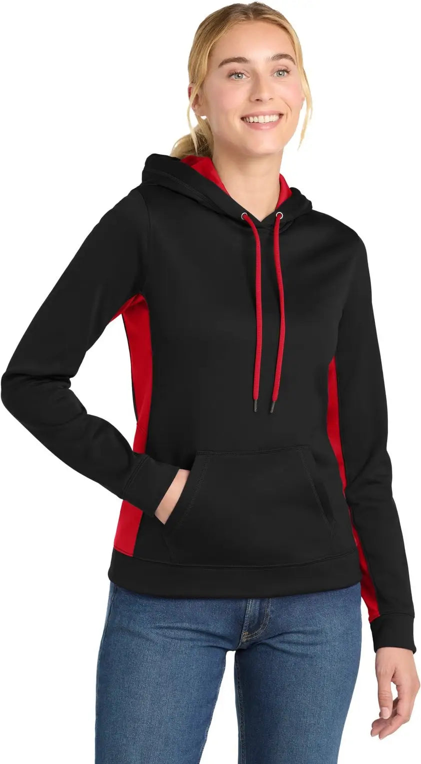 Sport-tek Lst235 Women’s Sport-wick Fleece Colorblock Hooded Pullover - Black Deep Red - Black/ / Ladies Xs