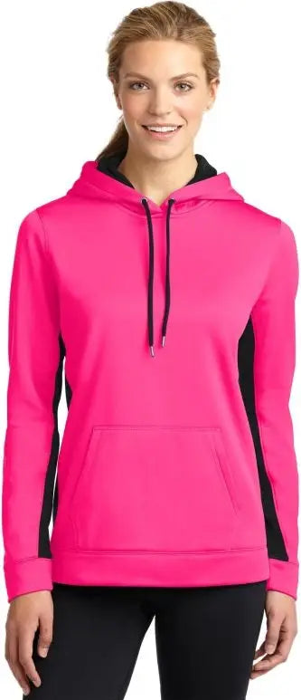 Sport-tek Lst235 Women’s Sport-wick Fleece Colorblock Hooded Pullover - Neon Pink Black - Pink/ / Ladies Xs