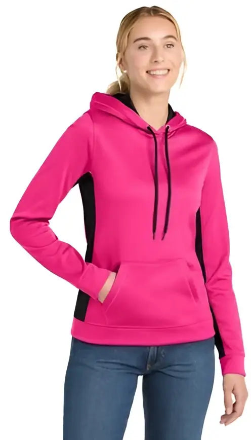 Sport-tek Lst235 Women’s Sport-wick Fleece Colorblock Hooded Pullover - Neon Pink Black - Pink/ / Ladies Xs