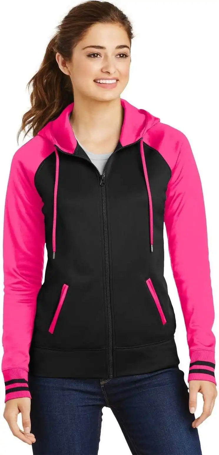 Sport Tek Lst236 Ladies Wick Varsity Fleece Full Zip Hooded Jacket Black Neon Pink
