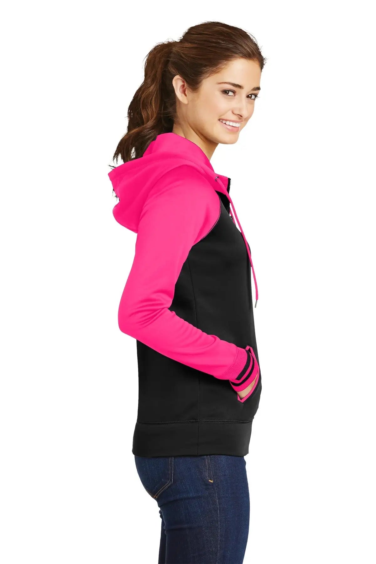 Sport-tek Lst236 Women’s Sport-wick Varsity Fleece Full-zip Hooded Jacket - Black Neon Pink