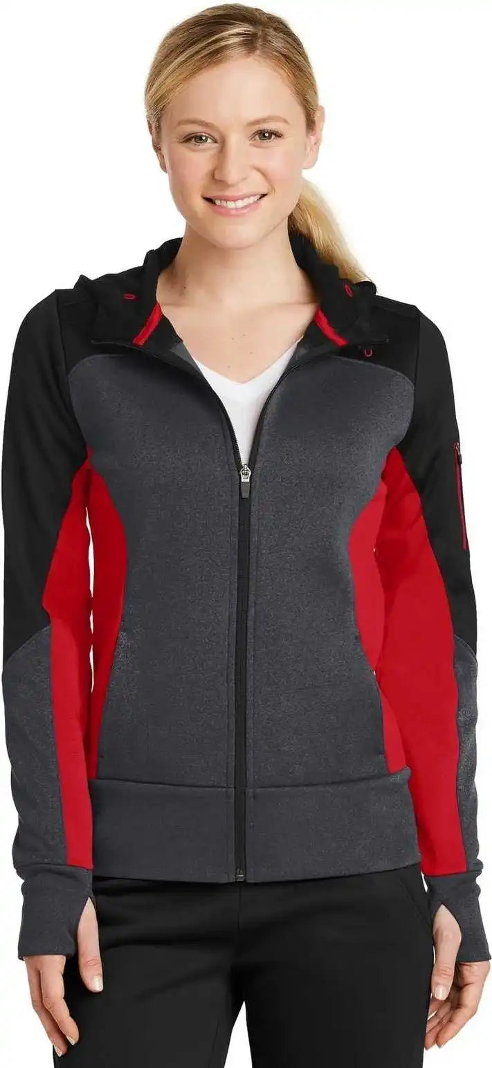 Sport-tek Lst245 Ladies Tech Fleece Colorblock Full-zip Hooded Jacket - Black Graphite Heather True Red