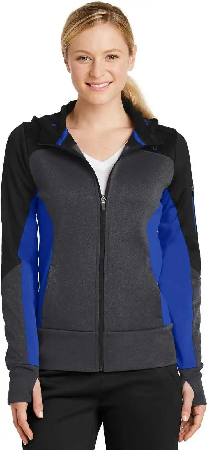 Sport-tek Lst245 Ladies Tech Fleece Colorblock Full-zip Hooded Jacket - Black Graphite Heather True Royal