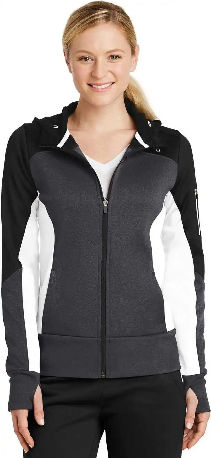 Sport-tek Lst245 Ladies Tech Fleece Colorblock Full-zip Hooded Jacket - Black Graphite Heather White