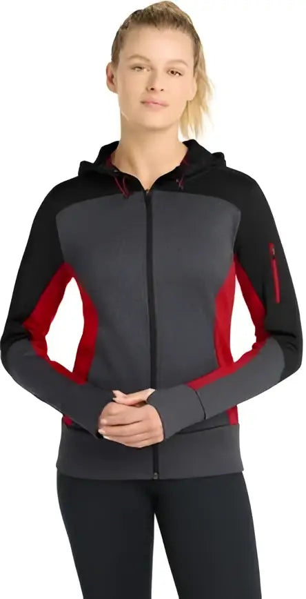 Sport-tek Lst245 Women’s Tech Fleece Colorblock Full-zip Hooded Jacket - Black Graphite Heather Citron - Black/