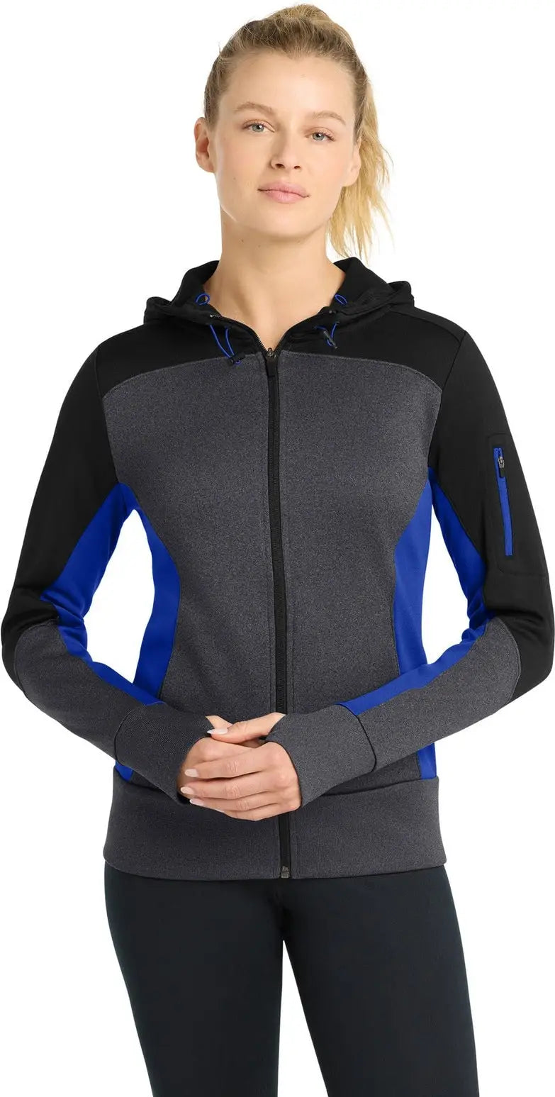Sport-tek Lst245 Women’s Tech Fleece Colorblock Full-zip Hooded Jacket - Black Graphite Heather True Royal