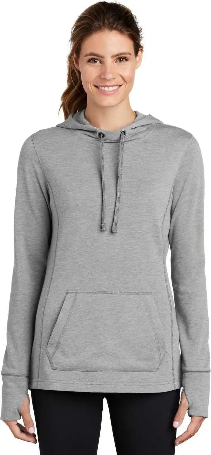Sport Tek Lst296 Ladies Posicharge Tri Blend Wicking Fleece Hooded Pullover Light Gray Heather