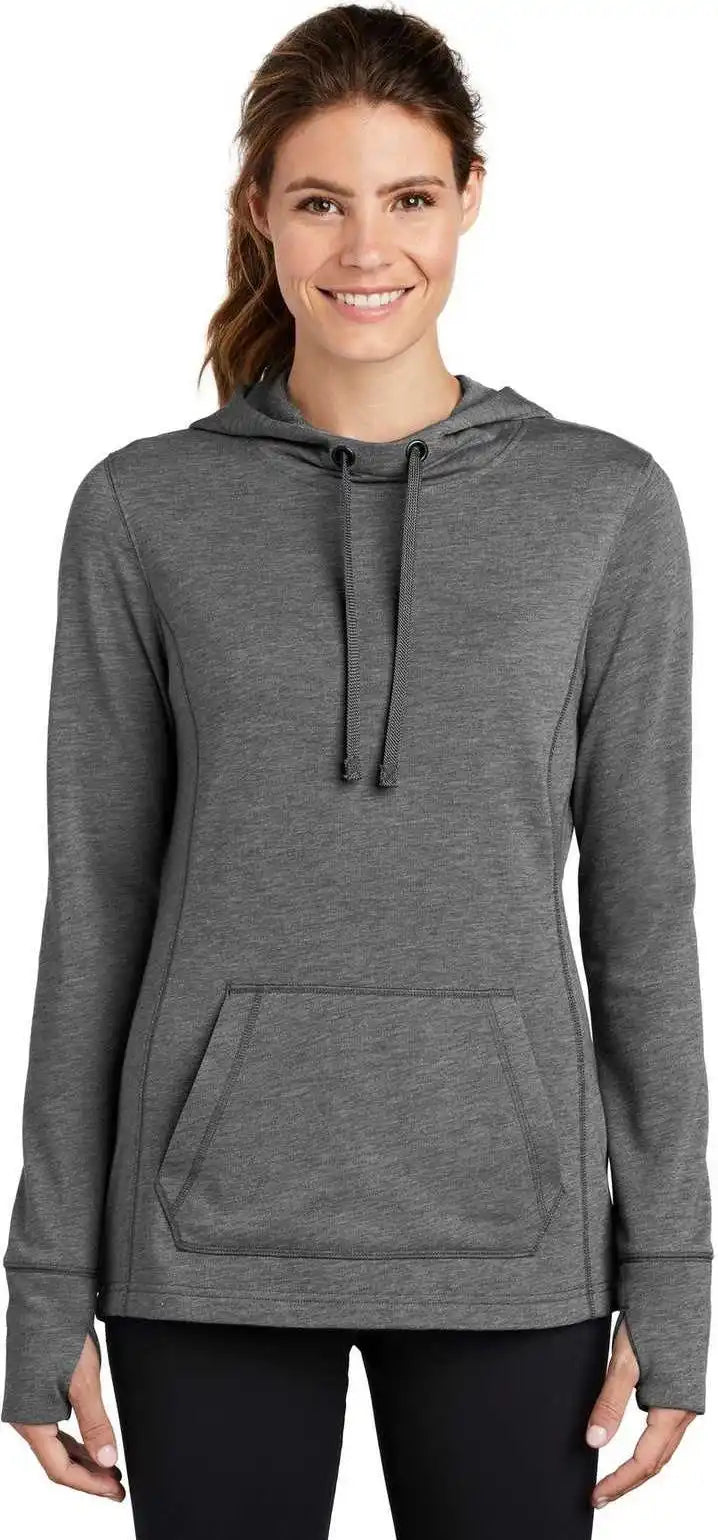 Sport Tek Lst296 Ladies Posicharge Tri Blend Wicking Fleece Hooded Pullover Dark Gray Heather