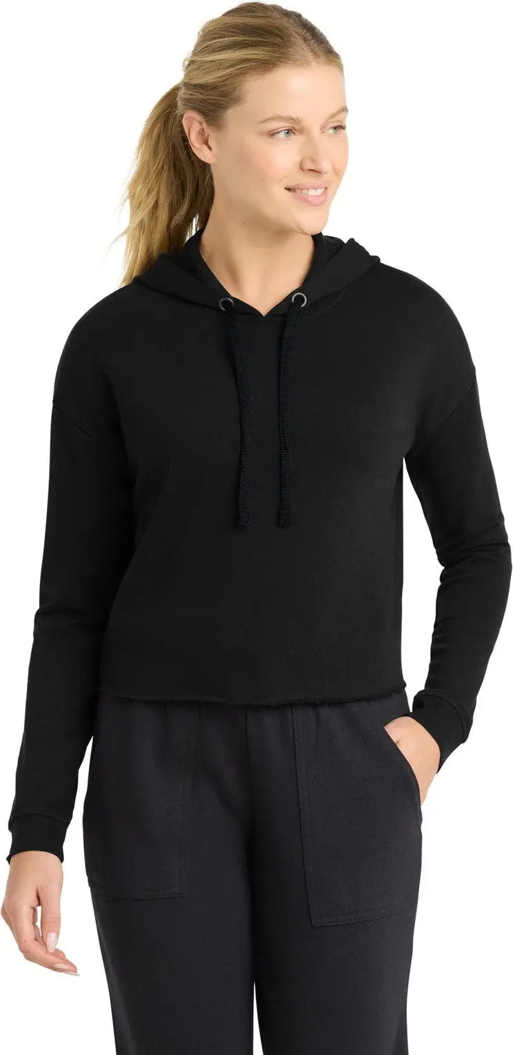 Sport-tek Lst298 Women’s Posicharge Tri-blend Wicking Fleece Crop Hooded Pullover - Black Triad Solid - Ladies Xs