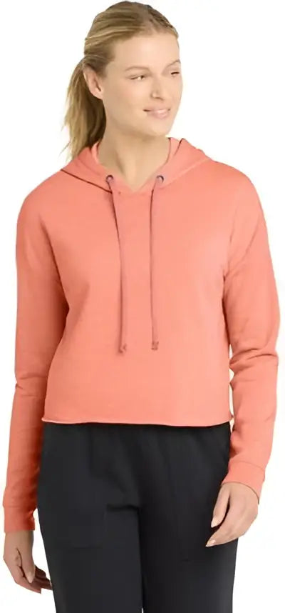 Sport-tek Lst298 Women’s Posicharge Tri-blend Wicking Fleece Crop Hooded Pullover - Soft Coral Heather - Ladies Xs