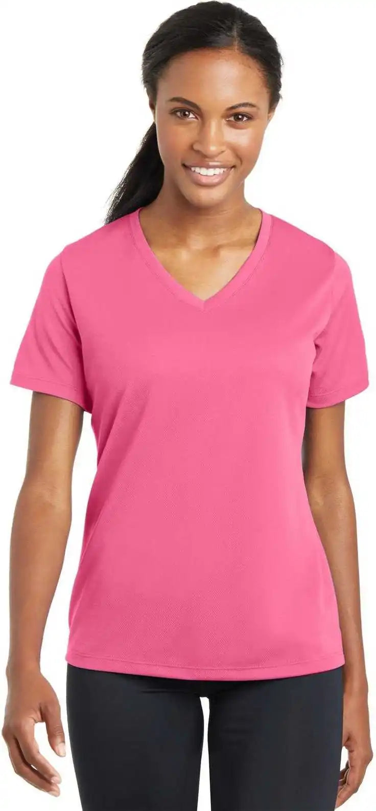 Sport-tek Lst340 Ladies Posicharge Racermesh V-neck Tee - Bright Pink
