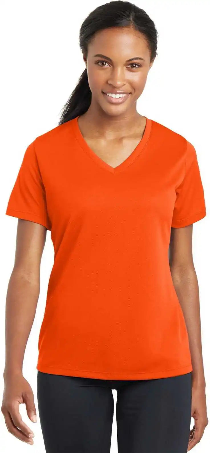 Sport Tek Lst340 Ladies Posicharge Racermesh v Neck Tee Neon Orange