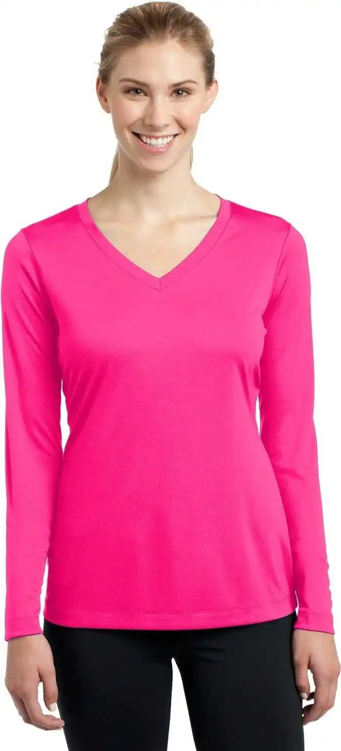 Sport Tek Lst353ls Ladies Long Sleeve Posicharge Competitor v Neck Tee Neon Pink