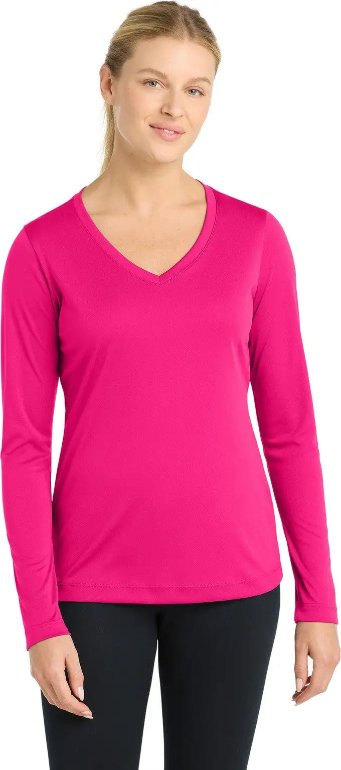 Sport-tek Lst353ls Women’s Long Sleeve Posicharge Competitor V-neck Tee - Pink Raspberry - Ladies Xs