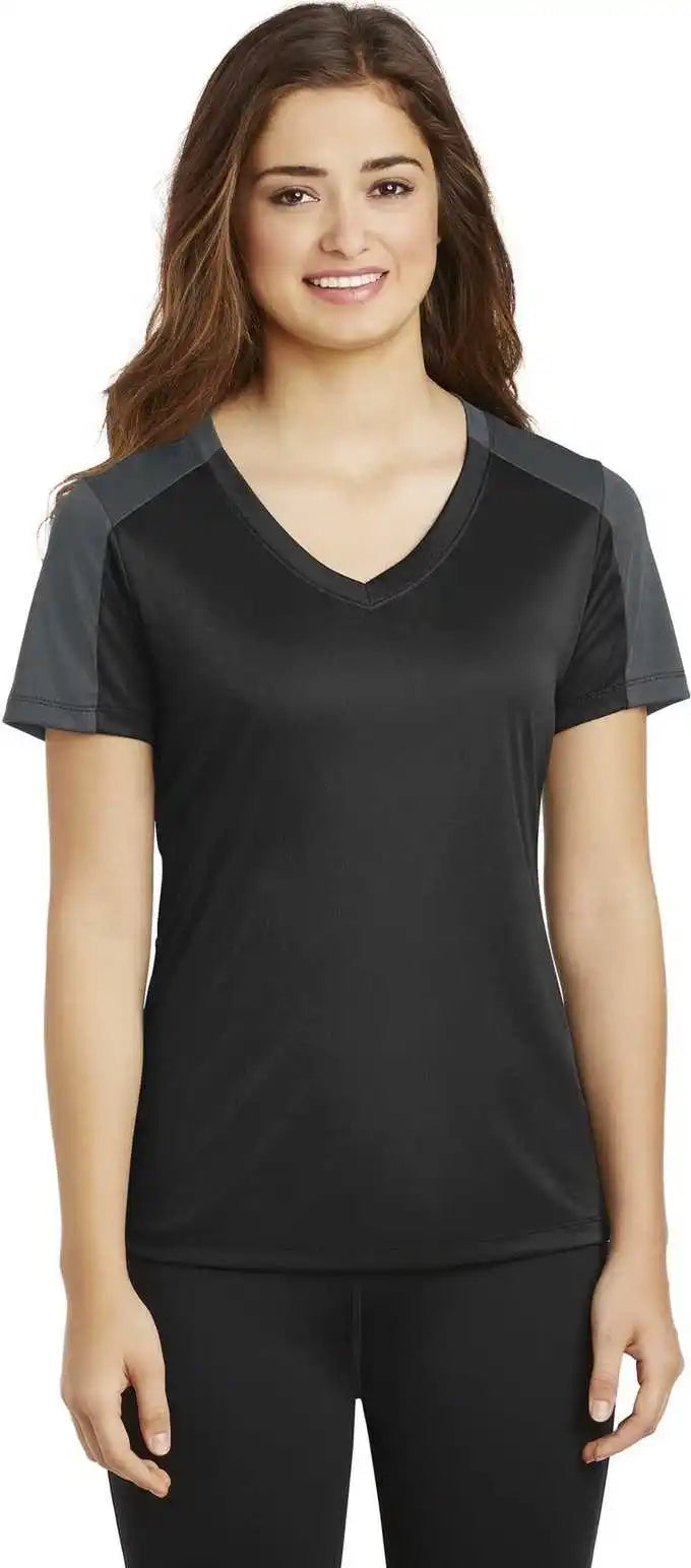Sport-tek Lst354 Ladies Posicharge Competitor Sleeve-blocked V-neck Tee - Black Iron Gray