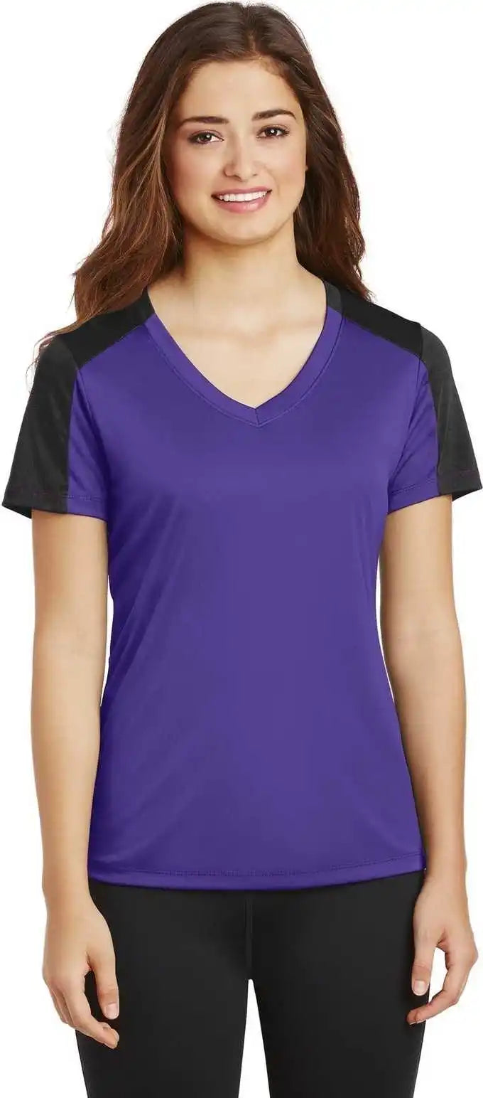 Sport-tek Lst354 Ladies Posicharge Competitor Sleeve-blocked V-neck Tee - Purple Black