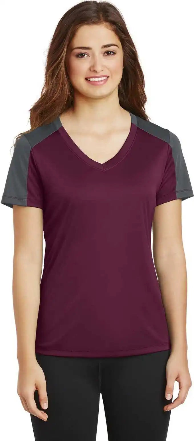 Sport-tek Lst354 Ladies Posicharge Competitor Sleeve-blocked V-neck Tee - Maroon Iron Gray